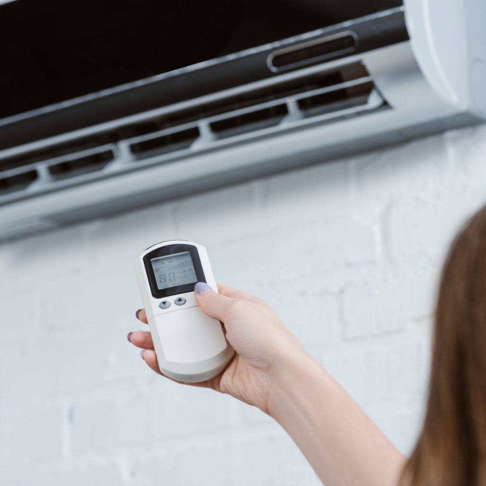 cropped shot of woman pointing at air conditioner with remote control